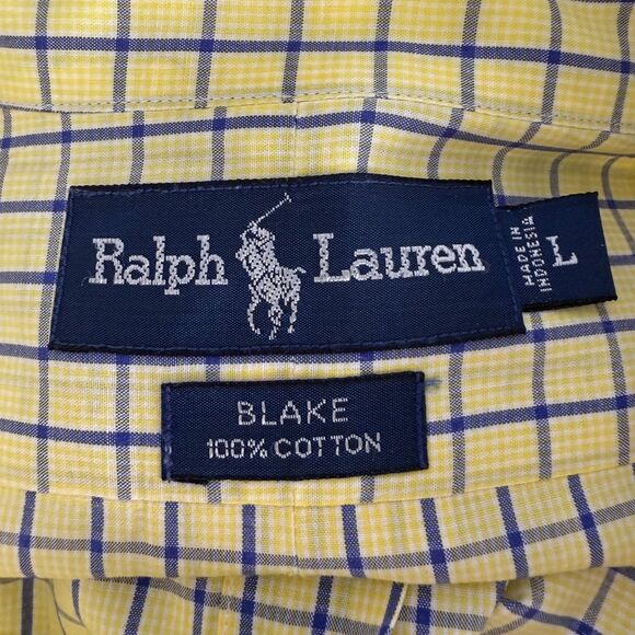 Ralph Lauren Men's, Sz L, Button Down, Short Sleeves, Yellow & Navy Blue Check - Picture 9 of 10